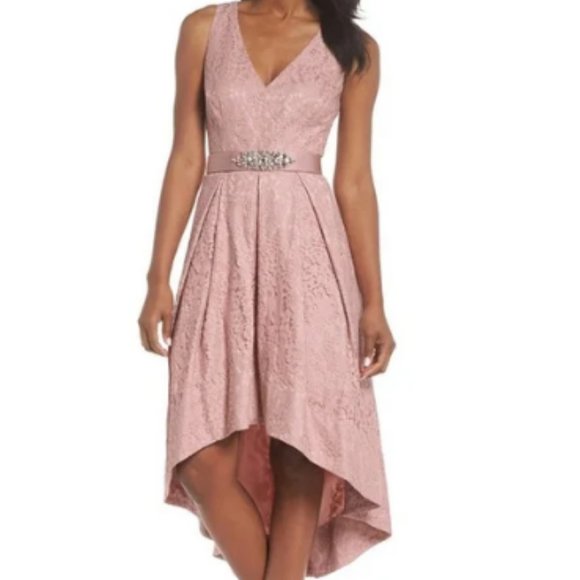 eliza j lace mock neck hi lo gown